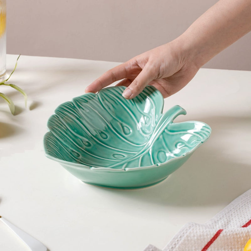 Ceramic Taro Leaf Serving Bowl Dark Green 700 ml - Bowl, ceramic bowl, serving bowls, noodle bowl, salad bowls, bowl for snacks, large serving bowl | Bowls for dining table & home decor