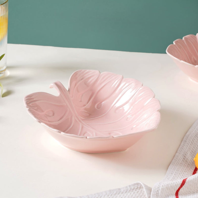 Ceramic Taro Leaf Serving Bowl Pink 700 ml - Bowl, ceramic bowl, serving bowls, noodle bowl, salad bowls, bowl for snacks, large serving bowl | Bowls for dining table & home decor