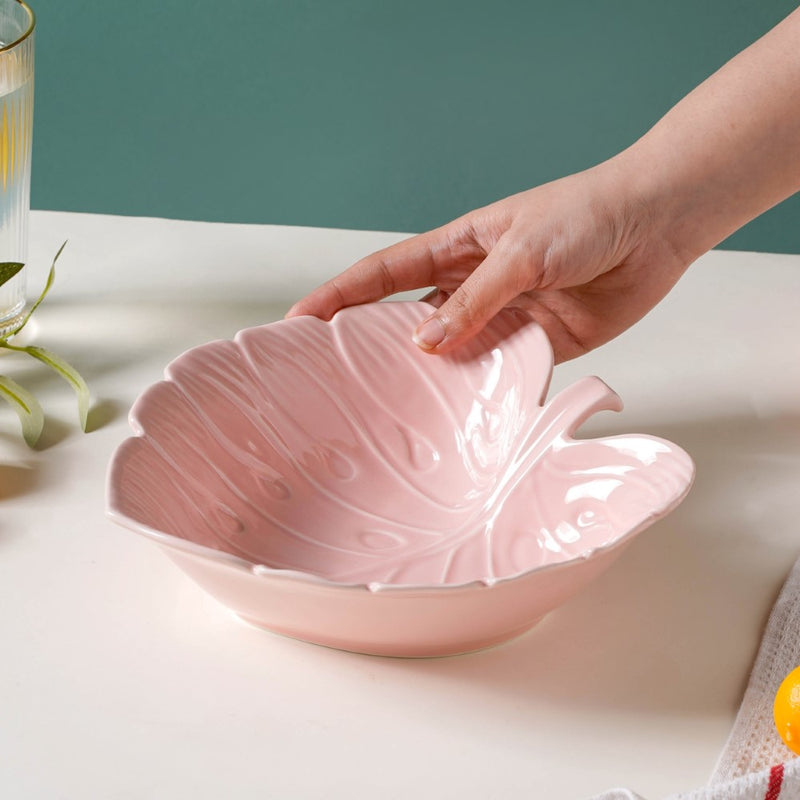 Ceramic Taro Leaf Serving Bowl Pink 700 ml - Bowl, ceramic bowl, serving bowls, noodle bowl, salad bowls, bowl for snacks, large serving bowl | Bowls for dining table & home decor