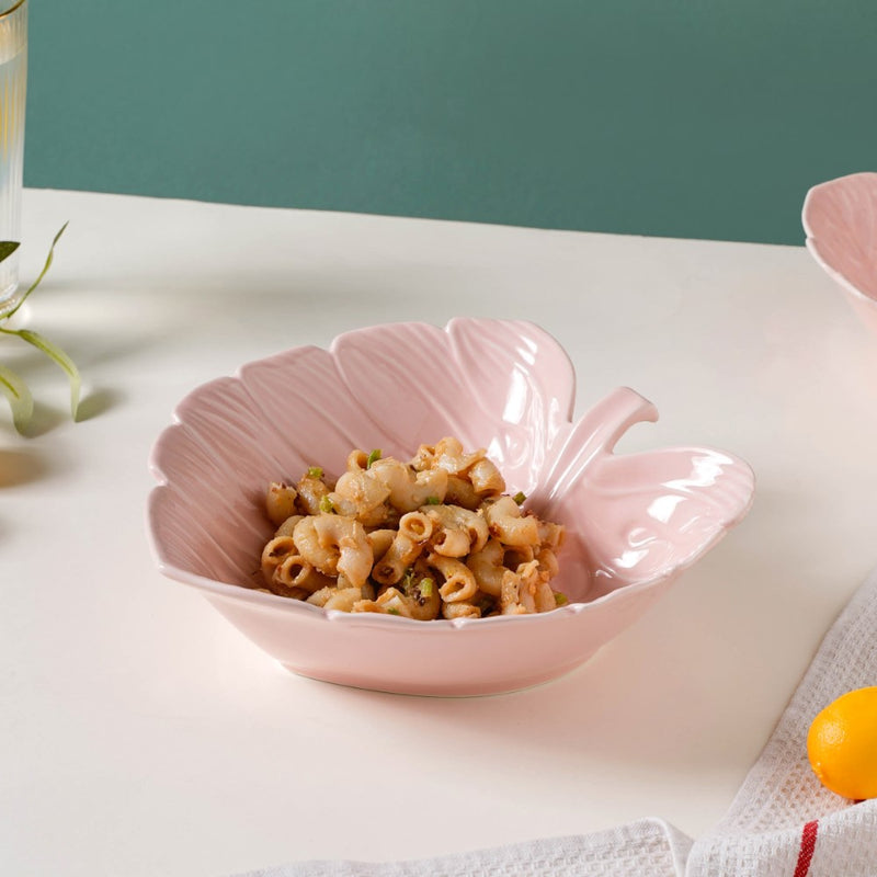 Ceramic Taro Leaf Serving Bowl Pink 700 ml - Bowl, ceramic bowl, serving bowls, noodle bowl, salad bowls, bowl for snacks, large serving bowl | Bowls for dining table & home decor