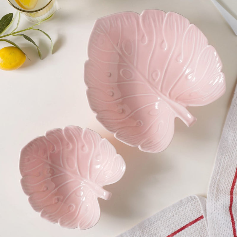 Ceramic Taro Leaf Serving Bowl Pink 700 ml - Bowl, ceramic bowl, serving bowls, noodle bowl, salad bowls, bowl for snacks, large serving bowl | Bowls for dining table & home decor