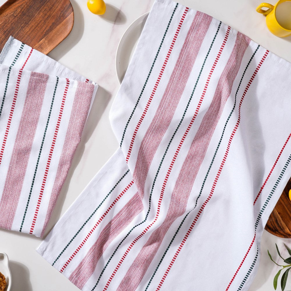 Green White Stripes Cotton Hand Towel Set Of 2