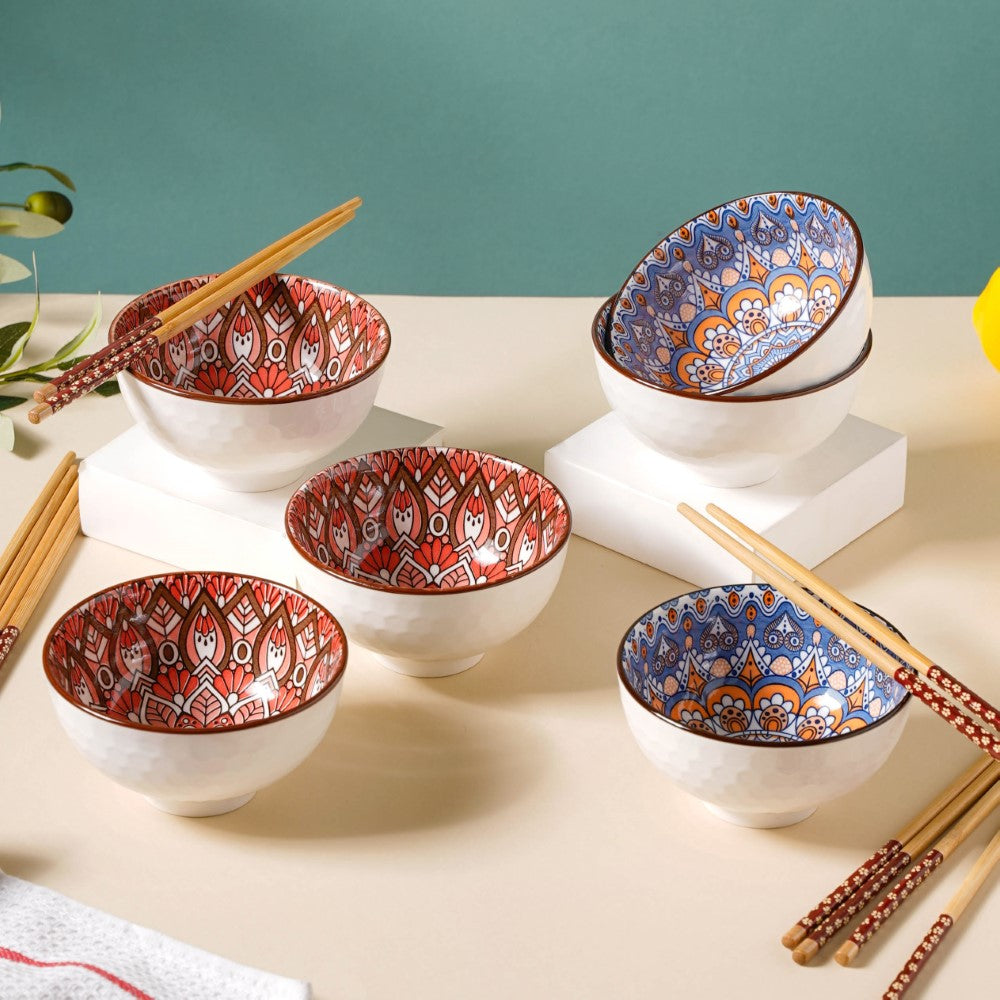 Intricate Blue and White Vine Motif Japanese Cereal Bowl Set for Six