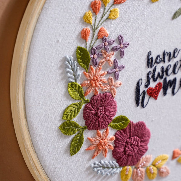 Home Sweet Home Floral Hand Embroidered Hoop Wall Decor 10 Inch