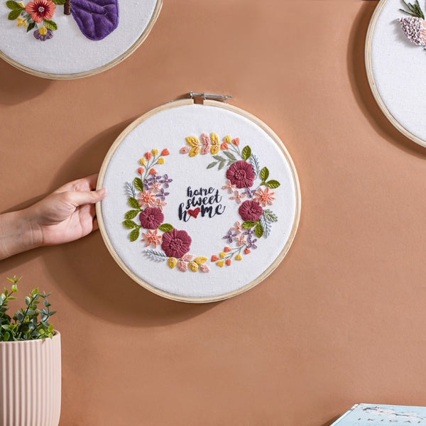 Home Sweet Home Floral Hand Embroidered Hoop Wall Decor 10 Inch