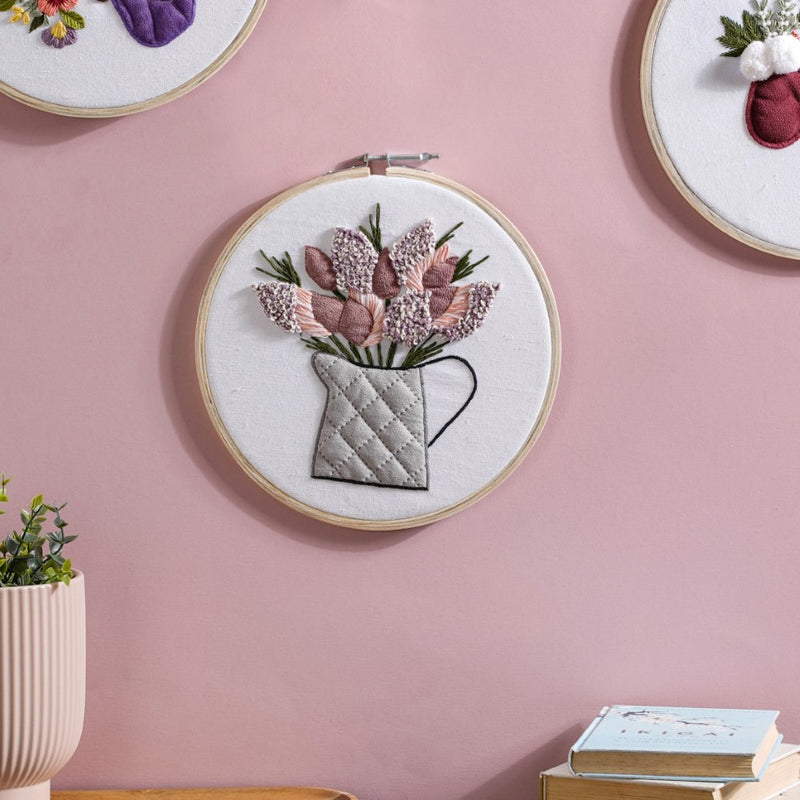 Flower Vase Hand Embroidered Hoop Wall Hanging 10 Inch - Embroidered hoop canvas art wall hanging for wall decoration, wall design | Home decoration items and ideas