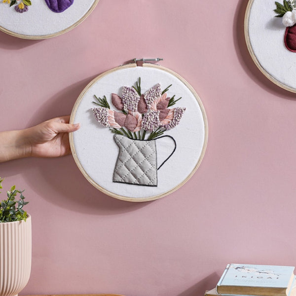 Flower Vase Hand Embroidered Hoop Wall Hanging 10 Inch - Embroidered hoop canvas art wall hanging for wall decoration, wall design | Home decoration items and ideas