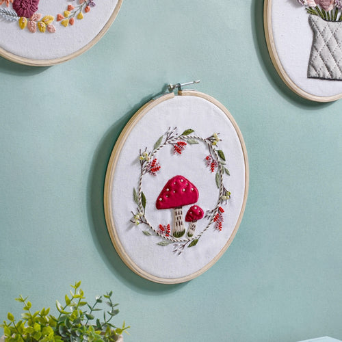 Red Mushrooms Hand Embroidered Hoop Wall Decor 10 Inch - Embroidered hoop wall hanging for wall decoration, wall design | Home decoration items and ideas