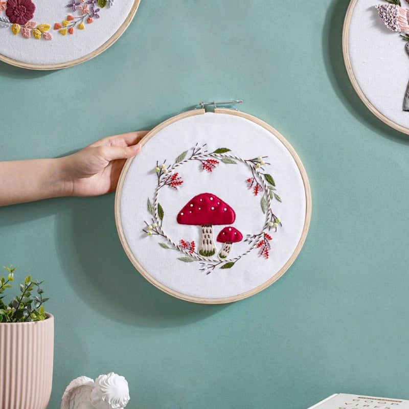 Red Mushrooms Hand Embroidered Hoop Wall Decor 10 Inch - Embroidered hoop wall hanging for wall decoration, wall design | Home decoration items and ideas