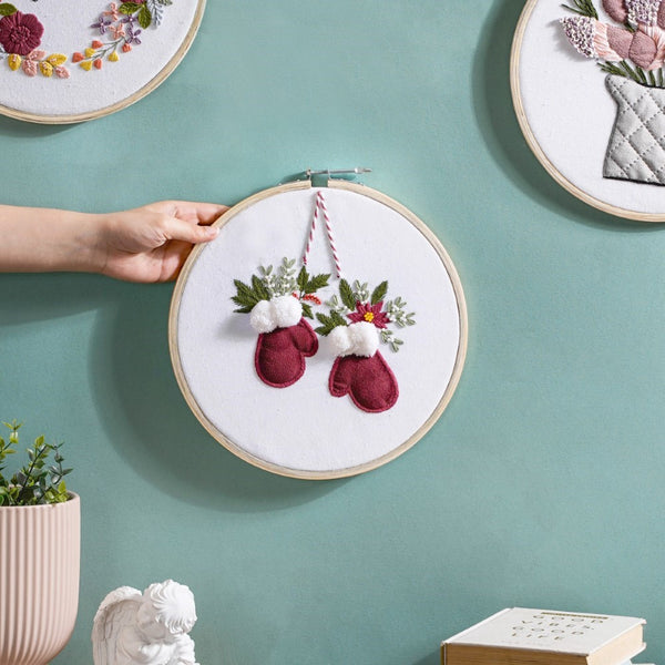 Winter Gloves Hand Embroidered Hoop Wall Hanging 10 Inch - Embroidered hoop wall hanging for wall decoration, wall design | Home decoration items and ideas