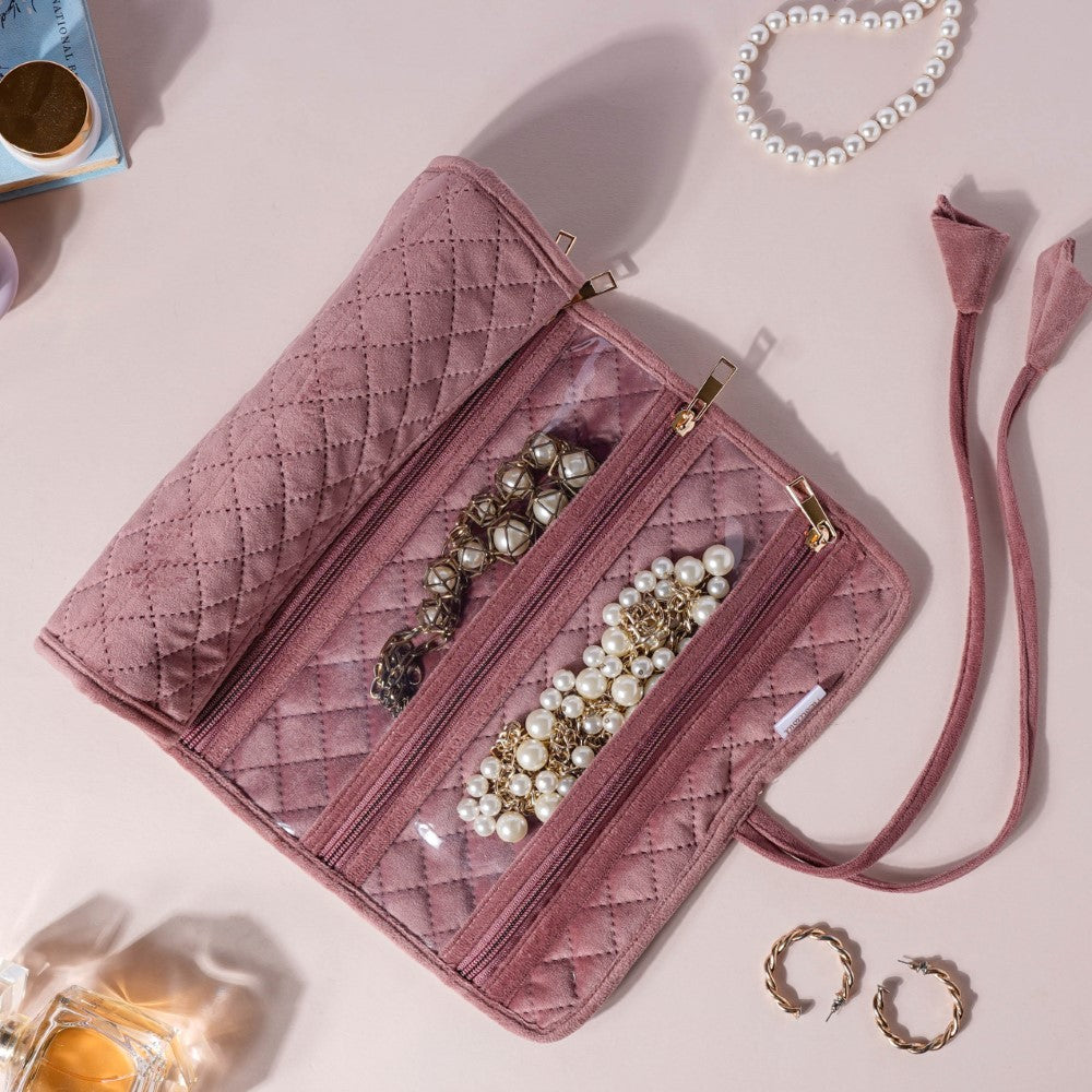 Nestasia Pink Solid Foldable Velvet Jewellery Organiser