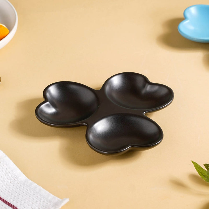 Floral Section Dip Plate Black - Serving plate, snack plate, plate with compartment | Plates for dining table & home decor