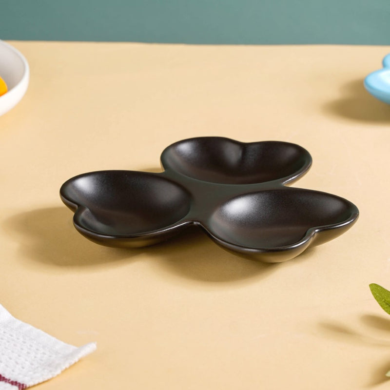 Floral Section Dip Plate Black - Serving plate, snack plate, plate with compartment | Plates for dining table & home decor