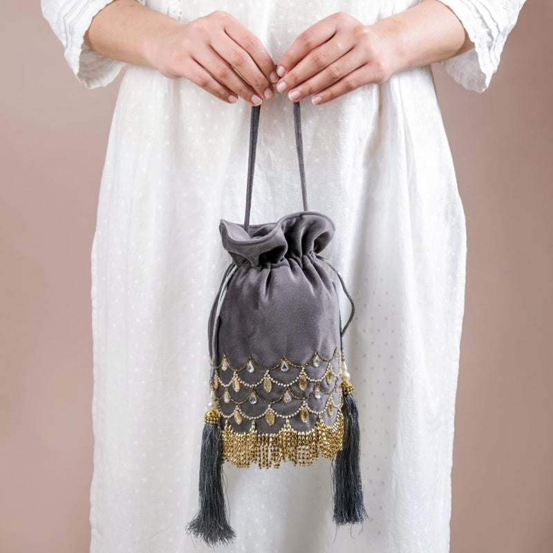 Jhoomar Velvet Potli Bag Dark Grey