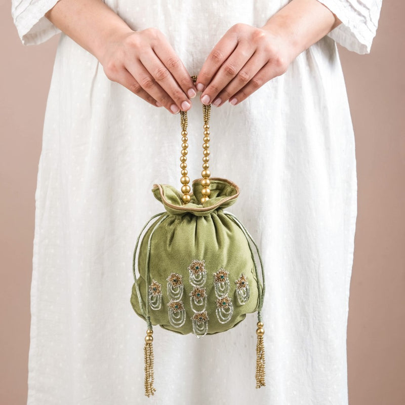 Shikara Orchids Velvet Potli Bag Smoky Green