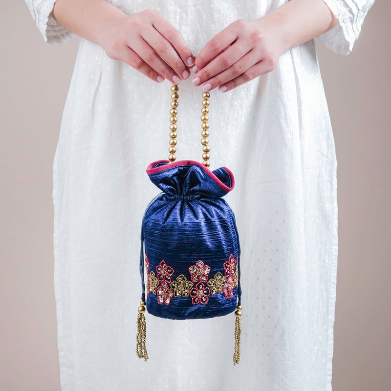 Sama Floral Potli Bag Dark Blue