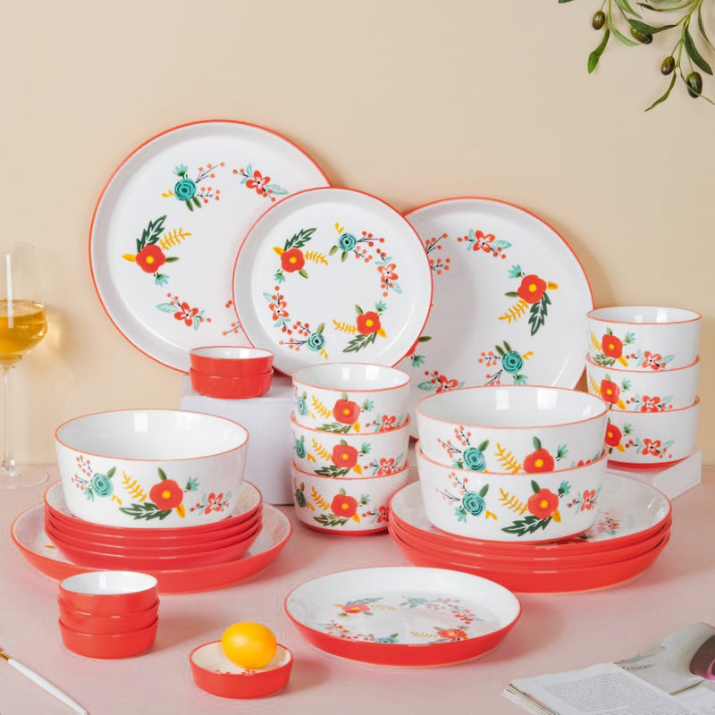 Bloom Red 27 Piece Dinner Set For 6