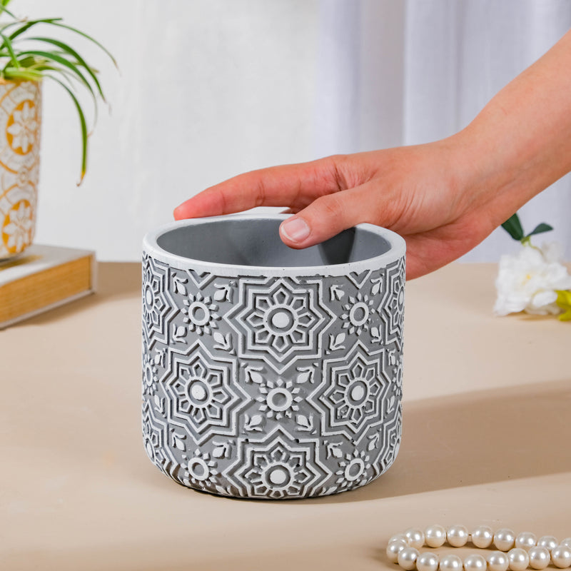 Grey Floral Geometric Pot - Indoor planters and flower pots | Home decor items