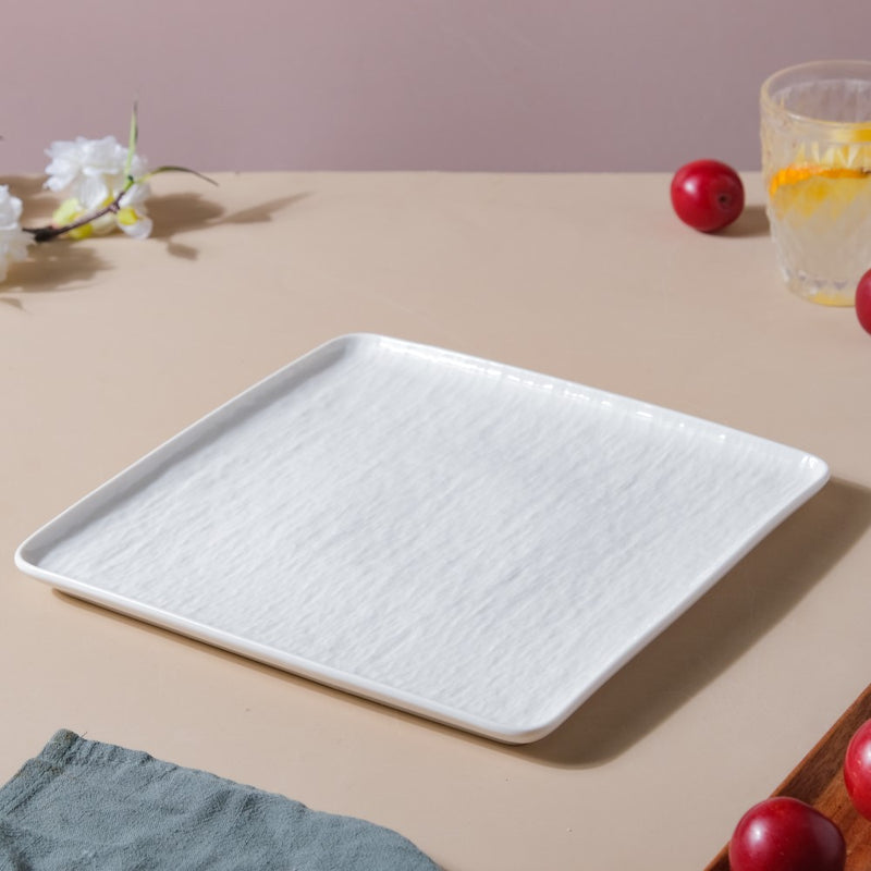 Frore Textured Square Ceramic Dinner Plate White 9.5 Inch - Serving plate, lunch plate, ceramic dinner plates| Plates for dining table & home decor