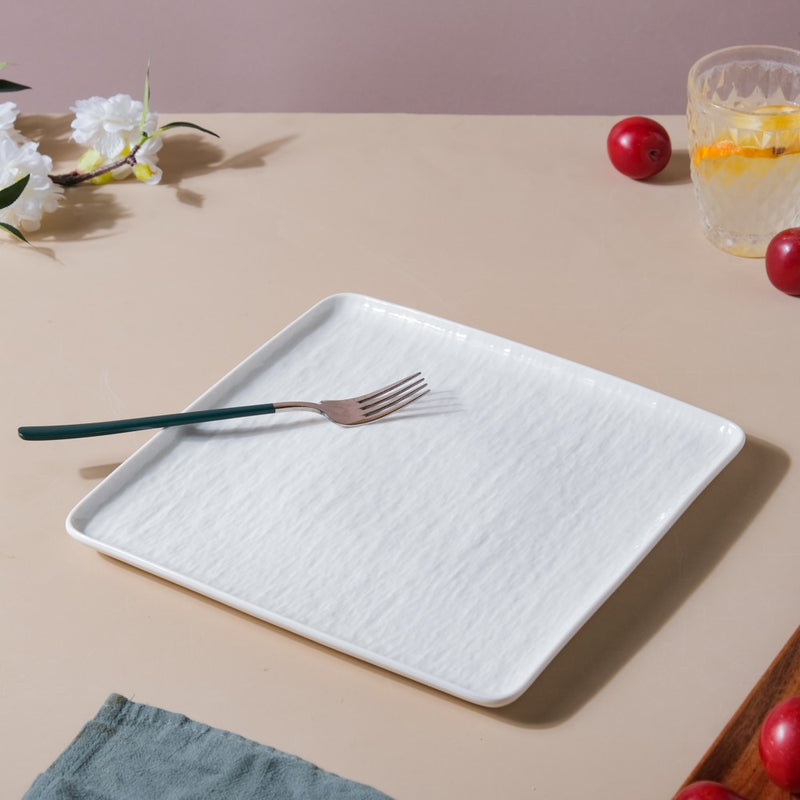 Frore Textured Square Ceramic Dinner Plate White 9.5 Inch - Serving plate, lunch plate, ceramic dinner plates| Plates for dining table & home decor