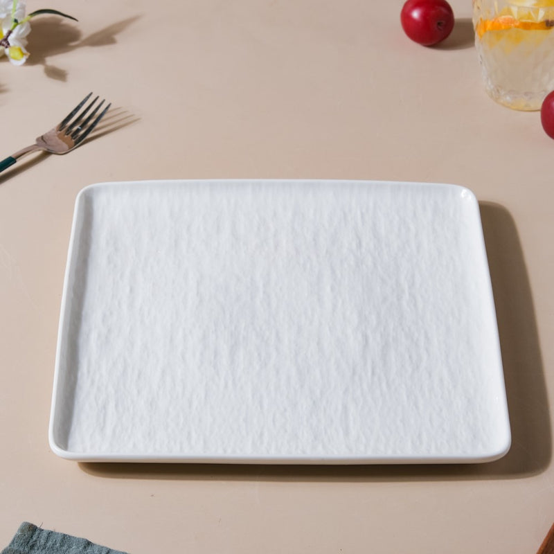 Frore Textured Square Ceramic Dinner Plate White 9.5 Inch - Serving plate, lunch plate, ceramic dinner plates| Plates for dining table & home decor