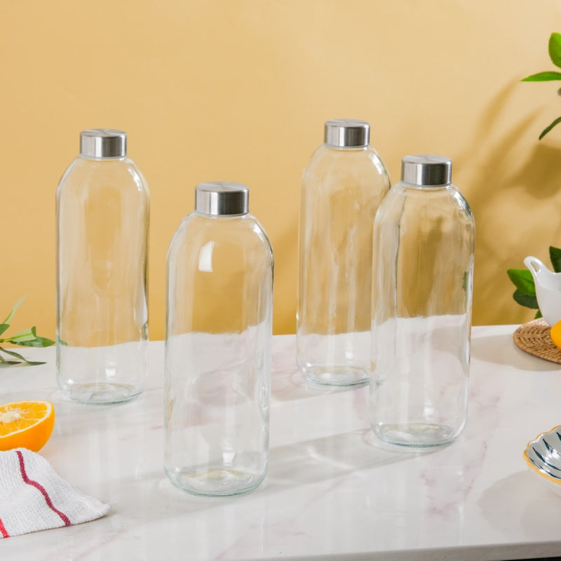 Borosilicate Glass Water Bottle Set Of 4 1 L - Water bottles, glass bottle set | Glass bottles for Dining table & Home decor