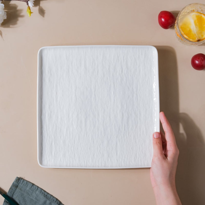 Frore Textured Square Ceramic Dinner Plate White 9.5 Inch - Serving plate, lunch plate, ceramic dinner plates| Plates for dining table & home decor