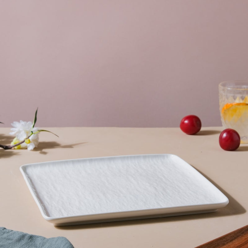 Frore Textured Square Ceramic Dinner Plate White 9.5 Inch - Serving plate, lunch plate, ceramic dinner plates| Plates for dining table & home decor