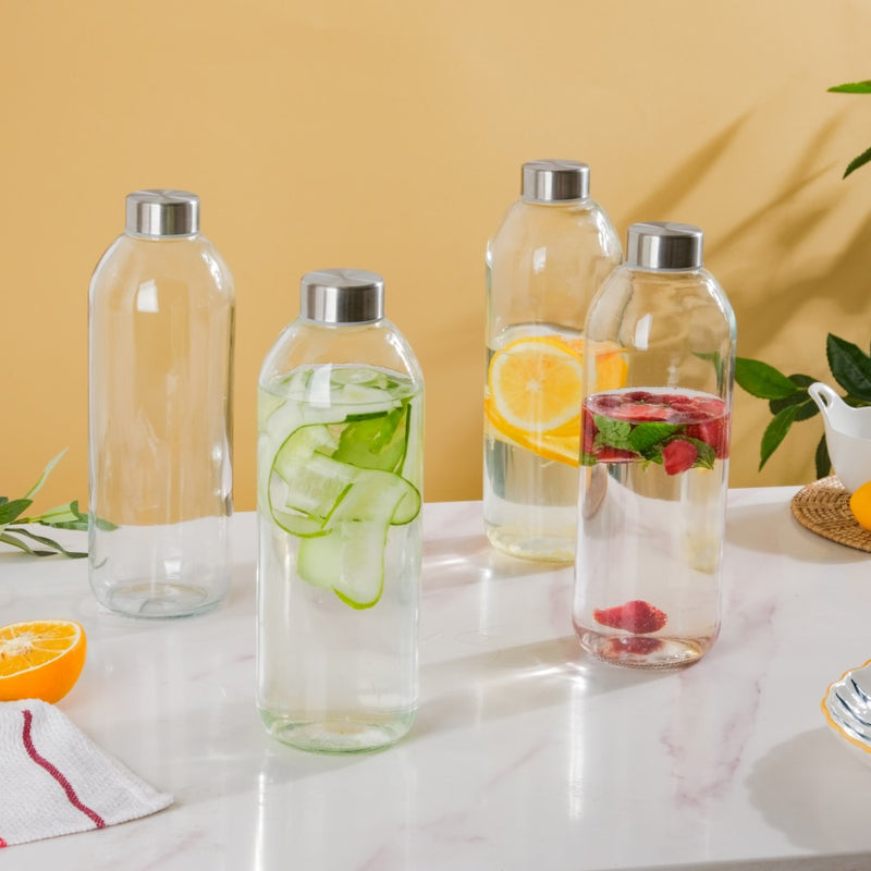 Borosilicate Glass Water Bottle Set Of 4 1 L - Water bottles, glass bottle set | Glass bottles for Dining table & Home decor