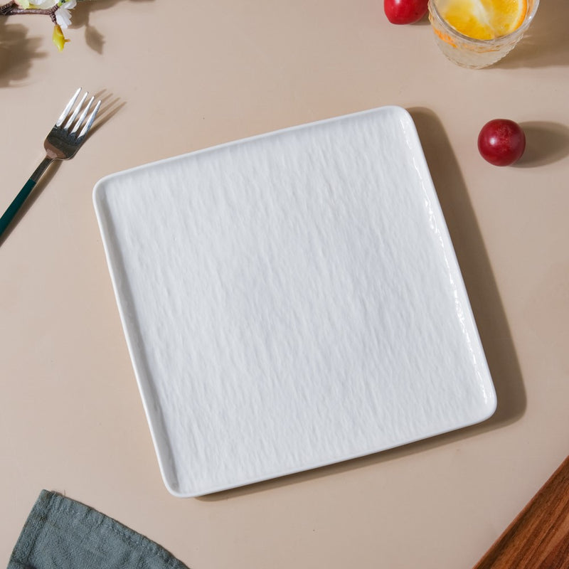 Frore Textured Square Ceramic Dinner Plate White 9.5 Inch - Serving plate, lunch plate, ceramic dinner plates| Plates for dining table & home decor