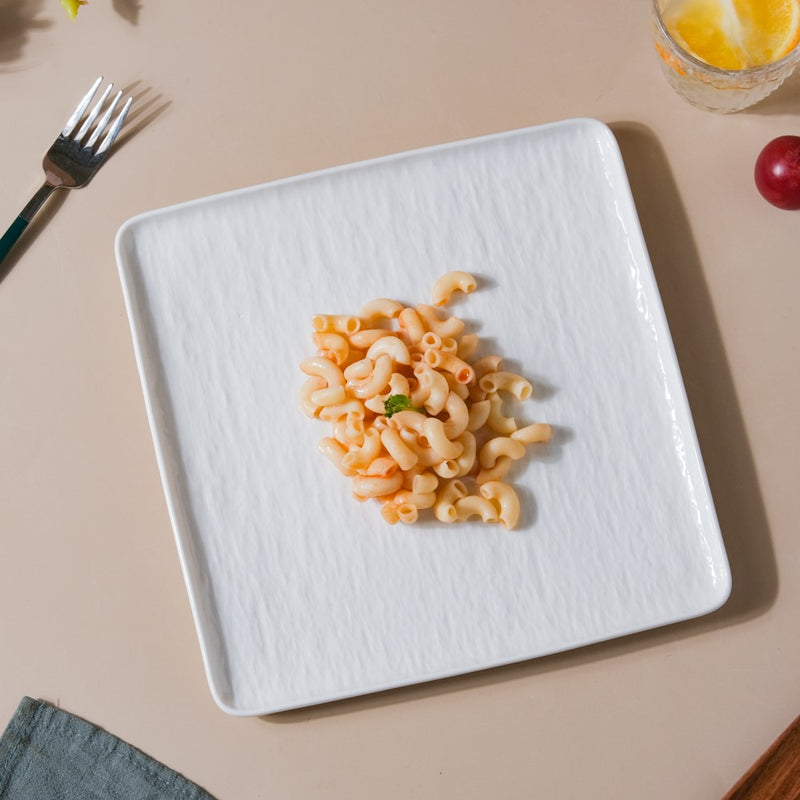 Frore Textured Square Ceramic Dinner Plate White 9.5 Inch - Serving plate, lunch plate, ceramic dinner plates| Plates for dining table & home decor