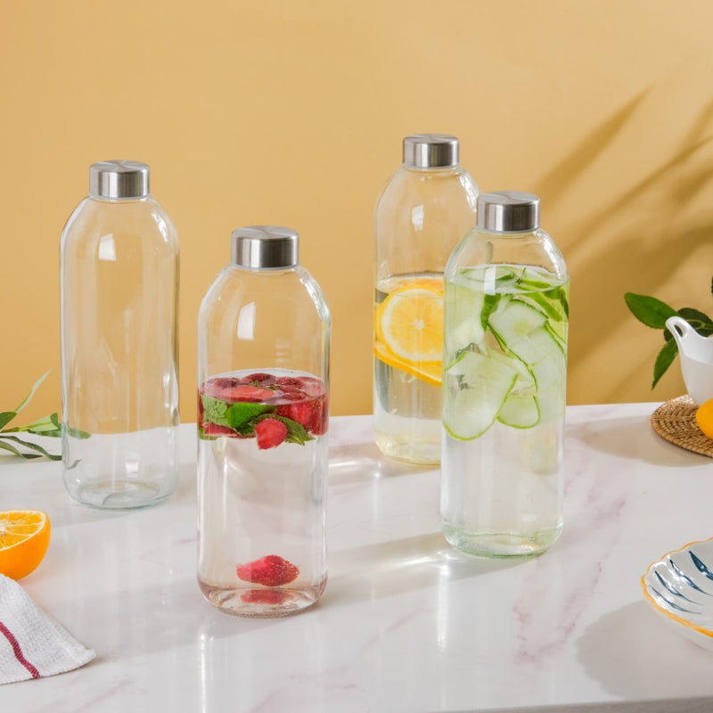 Borosilicate Glass Water Bottle Set Of 4 1 L - Water bottles, glass bottle set | Glass bottles for Dining table & Home decor