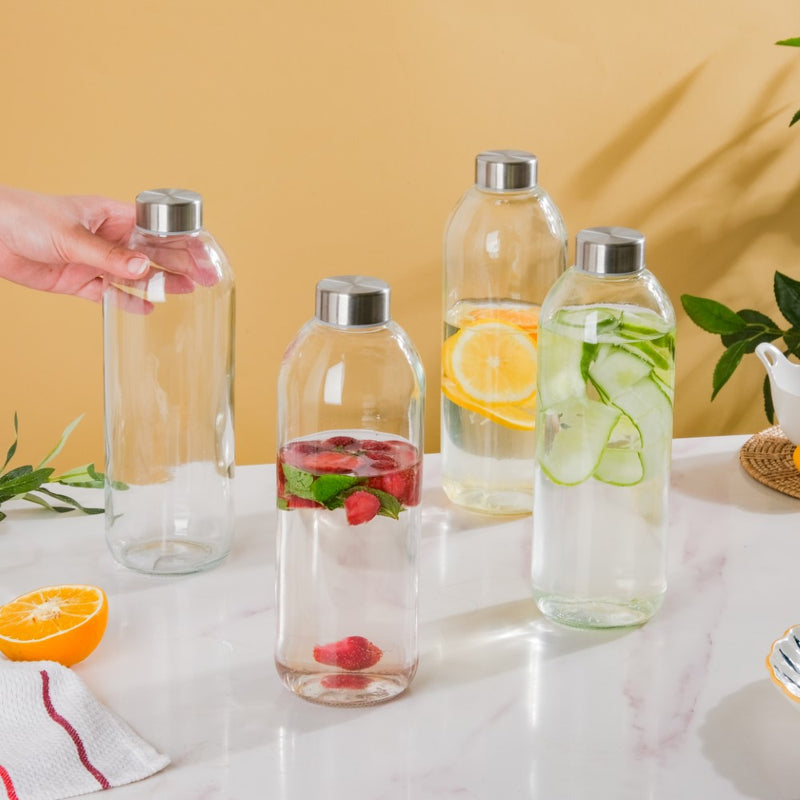 Borosilicate Glass Water Bottle Set Of 4 1 L - Water bottles, glass bottle set | Glass bottles for Dining table & Home decor