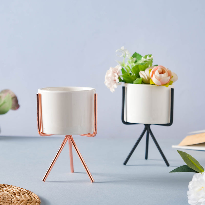 Ceramic Flower Pot with Metal Stand - Indoor planters and flower pots | Home decor items