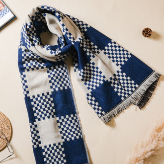 Chequered Woolen Blend Scarf Blue