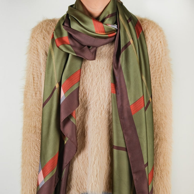 Plaid Long Silk Scarf Green