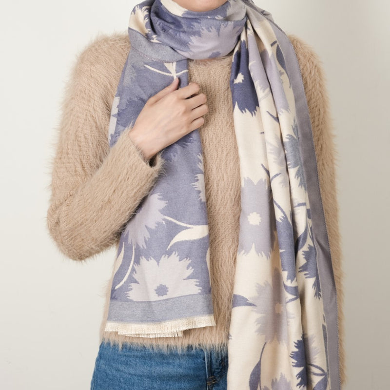 Floral Printed Woolen Scarf Blue