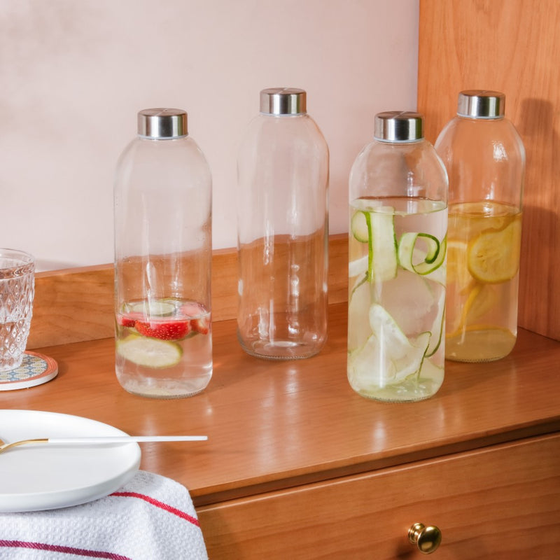 Borosilicate Glass Water Bottle Set Of 4 1 L - Water bottles, glass bottle set | Glass bottles for Dining table & Home decor