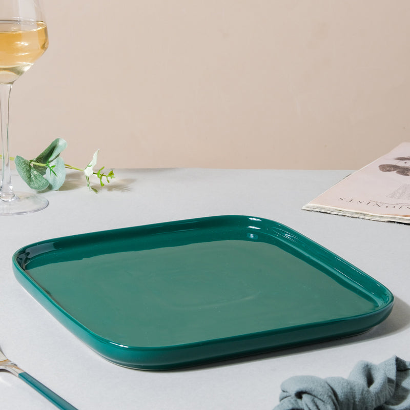 Verdant Square Ceramic Dinner Plate Green 9.5 Inch - Serving plate, snack plate, ceramic dinner plates| Plates for dining table & home decor