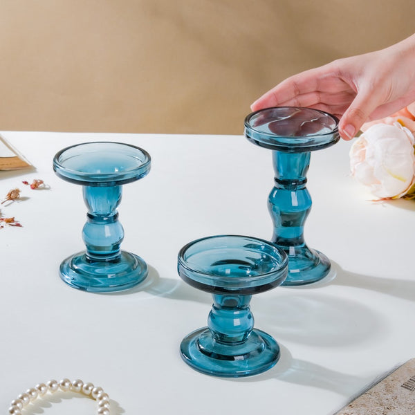 Royal Blue Glass Candle Stand Set Of 3 - Candle stand set | Living room decoration ideas