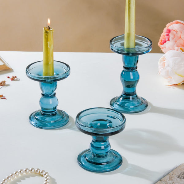 Royal Blue Glass Candle Stand Set Of 3 - Candle stand set | Living room decoration ideas