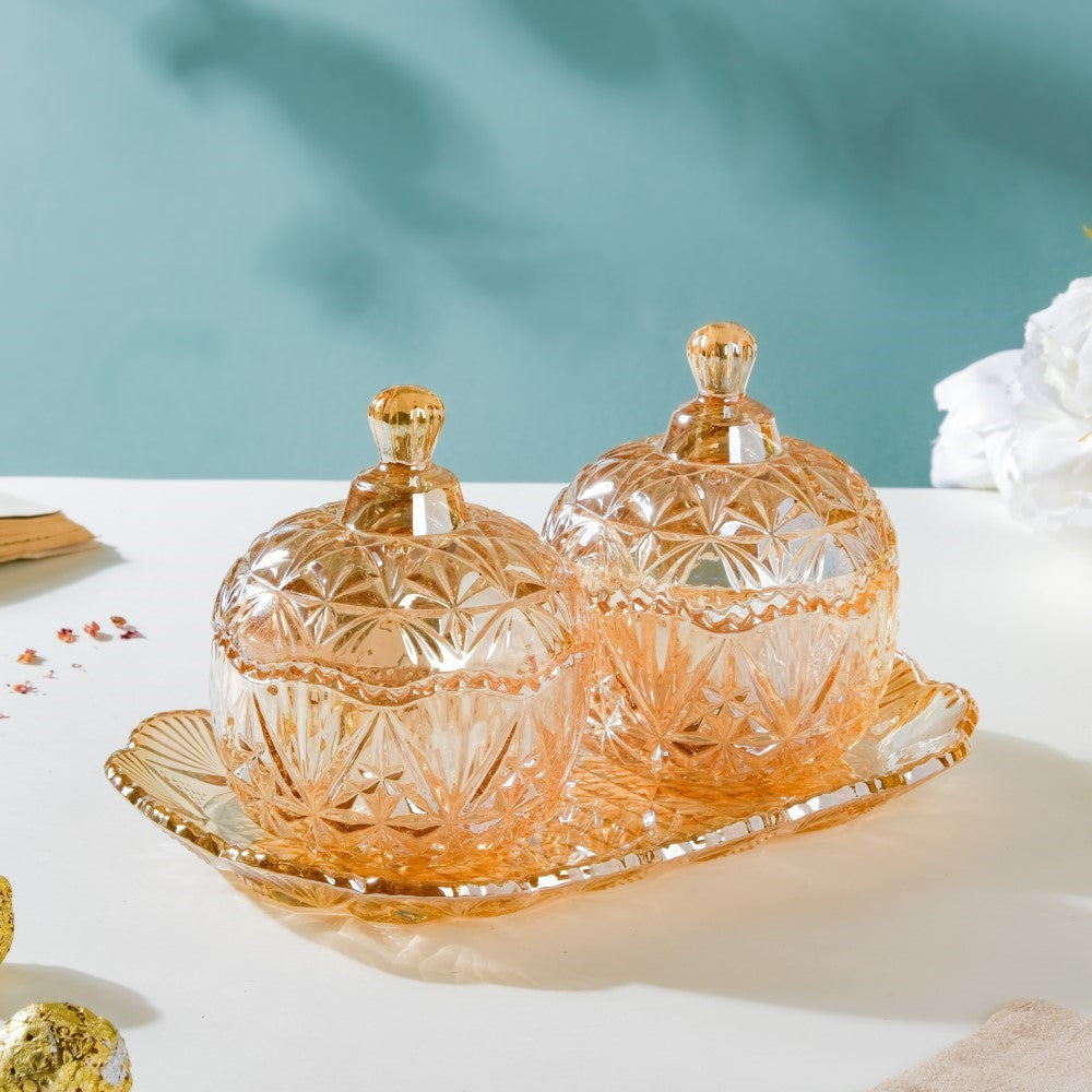 Vintage Round Textured Glass Jar With Lid Amber Set Of 3 200ml