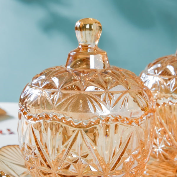 Vintage Round Textured Glass Jar With Lid Amber Set Of 3 200ml