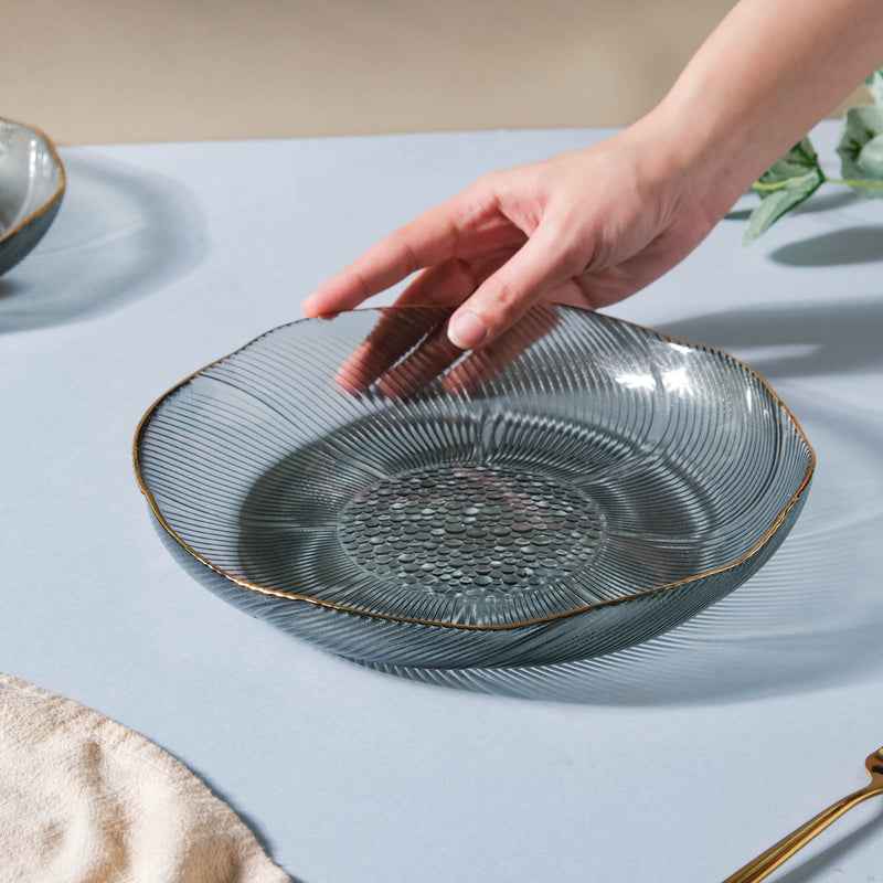 Flower Glass Pasta Plate Grey - Serving plate, glass plate, pasta plate, deep plate | Plates for dining table & home decor