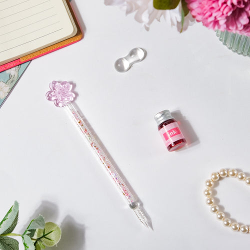 Sakura Flower Charm Glass Calligraphy Pen With Ink Bottle
