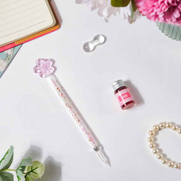 Sakura Flower Charm Glass Calligraphy Pen With Ink Bottle