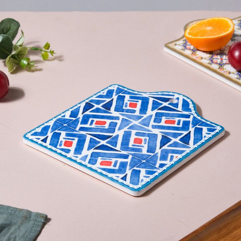 Geometric Hand Painted Patterned Platter Blue 7 Inch - Ceramic platter, serving platter, fruit platter | Plates for dining table & home decor