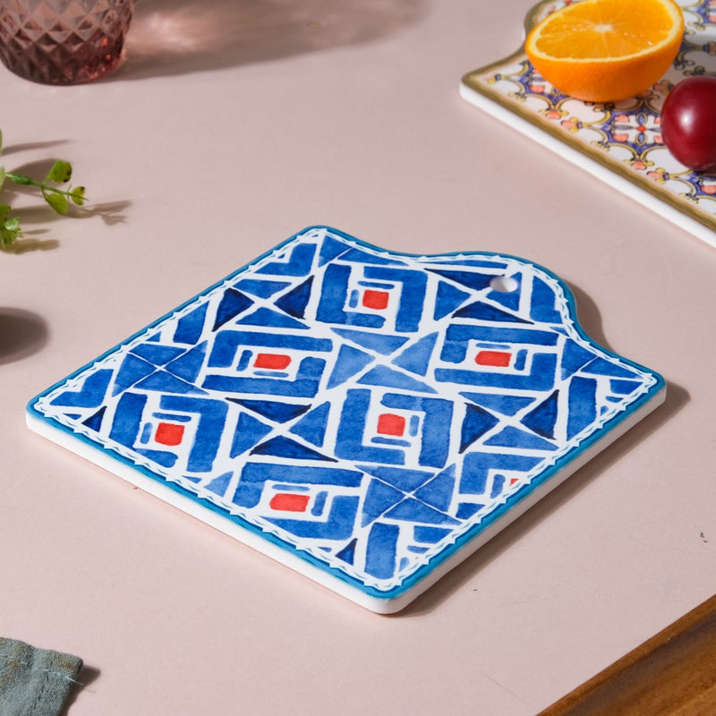 Geometric Hand Painted Patterned Platter Blue 7 Inch - Ceramic platter, serving platter, fruit platter | Plates for dining table & home decor