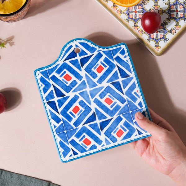 Geometric Hand Painted Patterned Platter Blue 7 Inch - Ceramic platter, serving platter, fruit platter | Plates for dining table & home decor