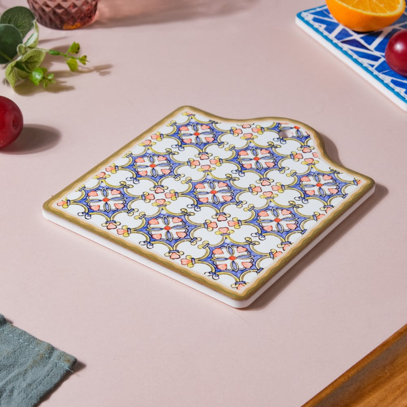 Zellij Floral Moroccan Art Ceramic Trivet Blue And White 7 Inch